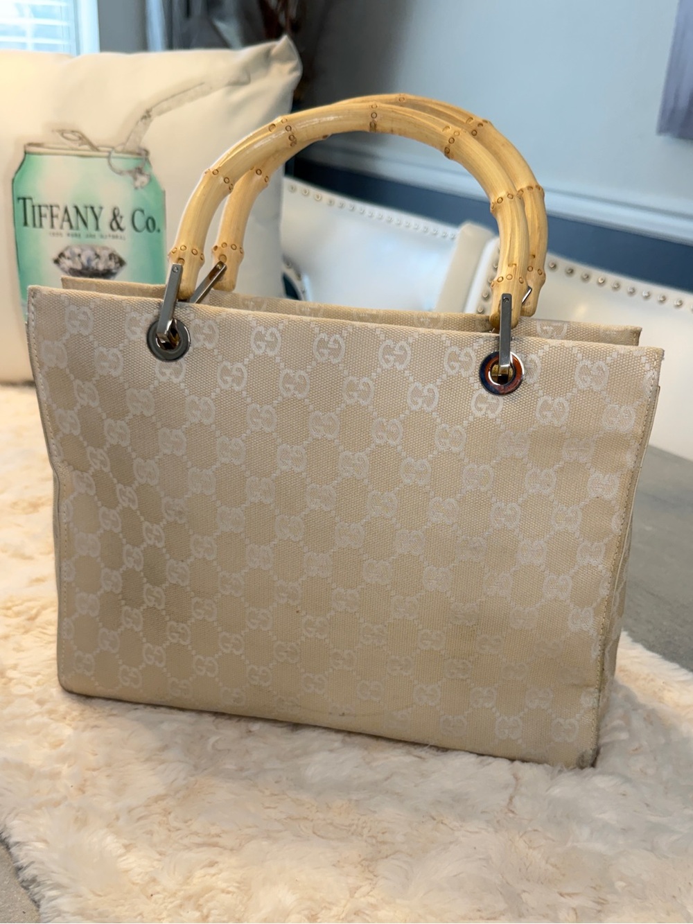 Gucci GG Canvas Bamboo Handle Tote Ivory Beige Vintage Italy - Picture 2 of 13